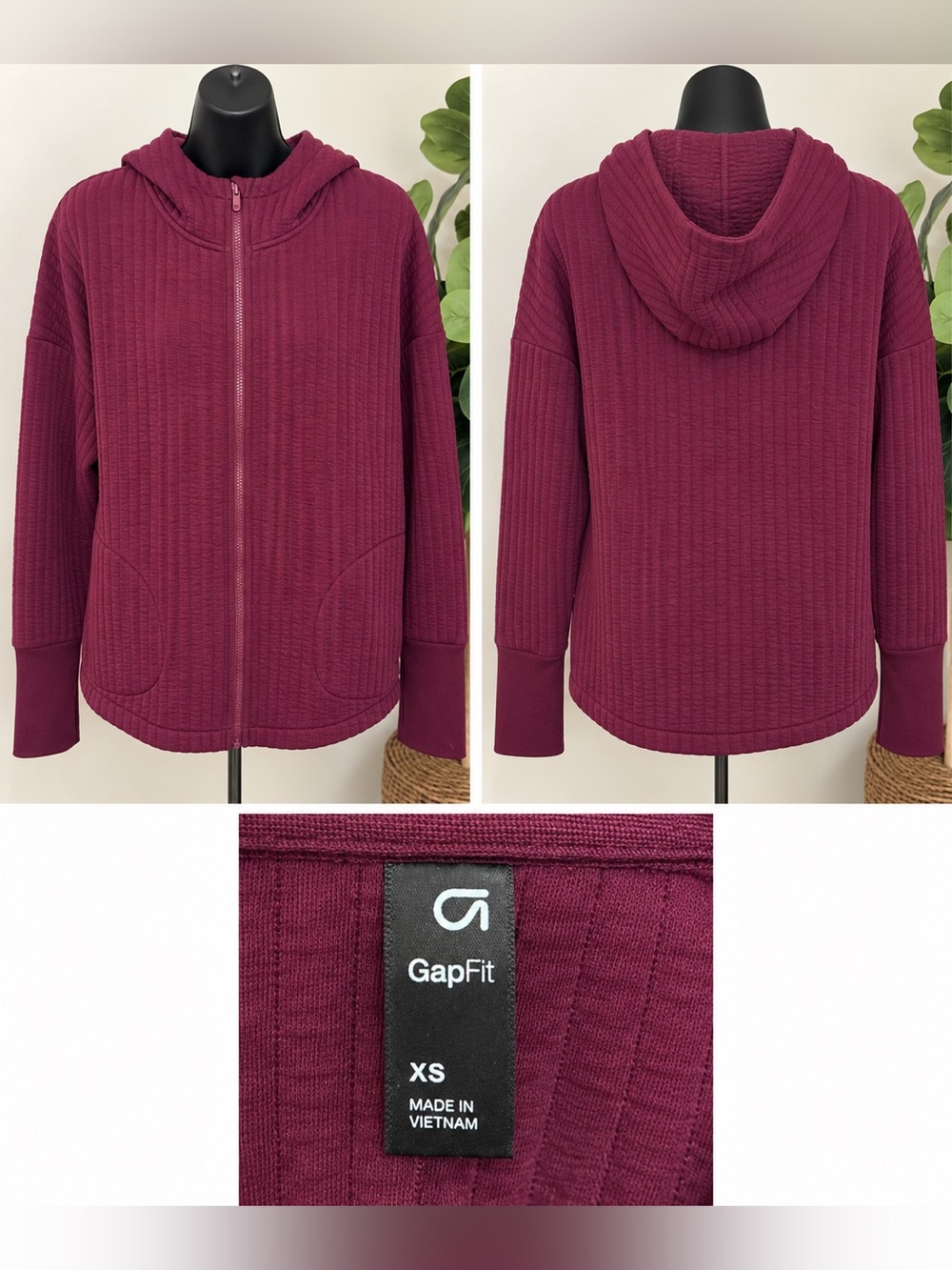GapFit Burgundy Textured Full Zip Hooded Jacket Women’s XS
